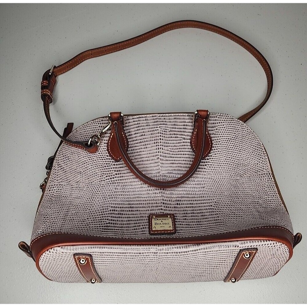 DOONEY & BOURKE ZIP ZIP SNAKE EMBOSSED LEATHER SATCHEL. GRAY/BROWN - Picture 5 of 11